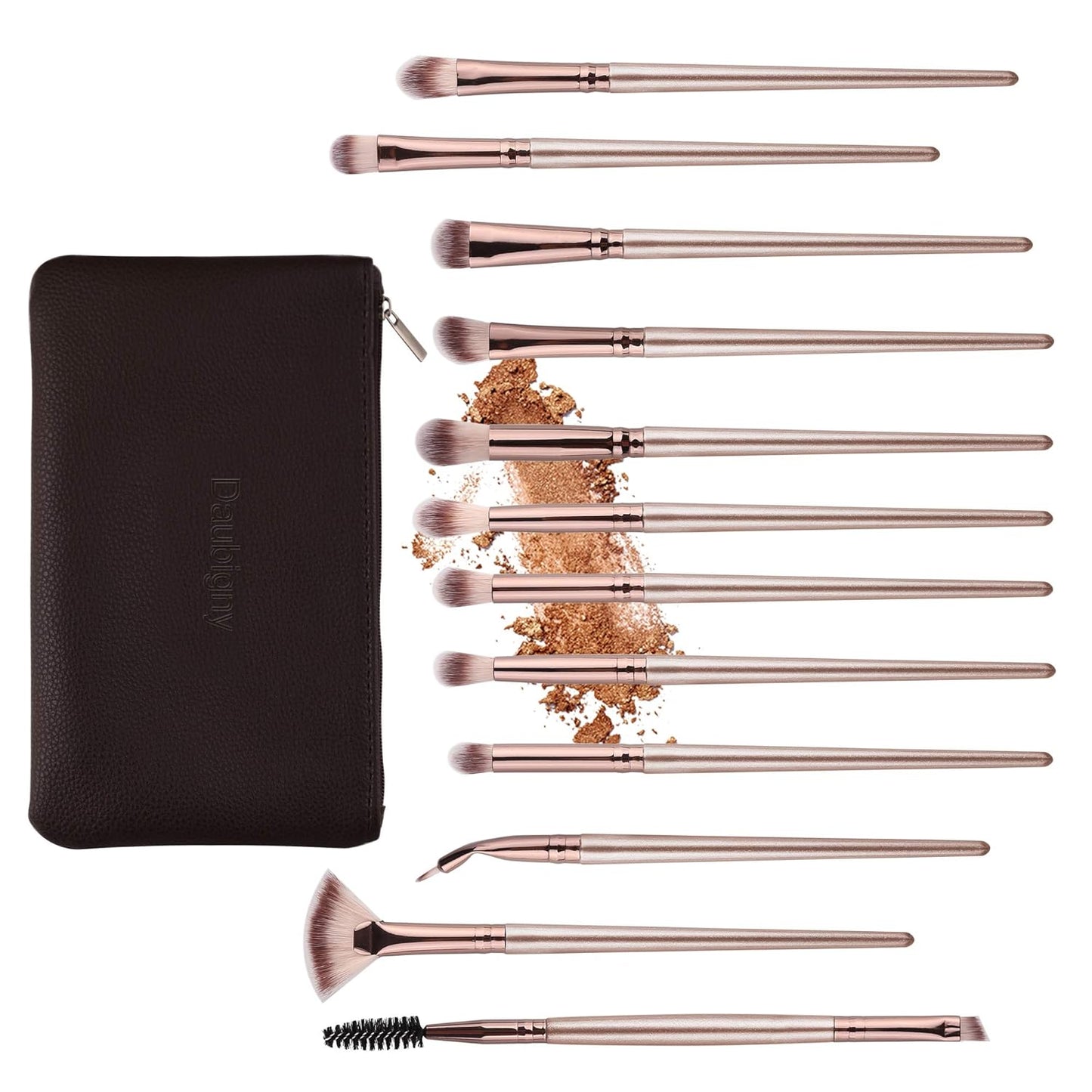 Professional 12-Piece Eye Makeup Brush Set with Carrying Bag - Includes Eyeshadow, Concealer, Eyebrow, Foundation, and Powder Brushes in Champagne Gold
