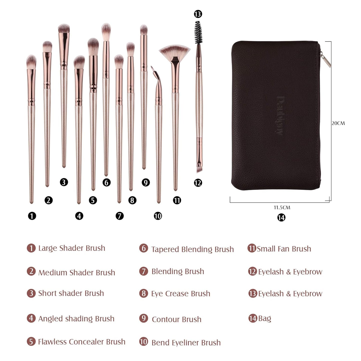 Professional 12-Piece Eye Makeup Brush Set with Carrying Bag - Includes Eyeshadow, Concealer, Eyebrow, Foundation, and Powder Brushes in Champagne Gold