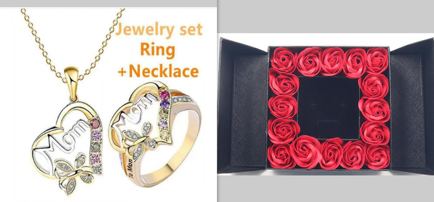 Mother'S Day Gift Hollow Heart English Letter Love Mom Rhinestone Butterfly Finger Ring Jewelry Gift