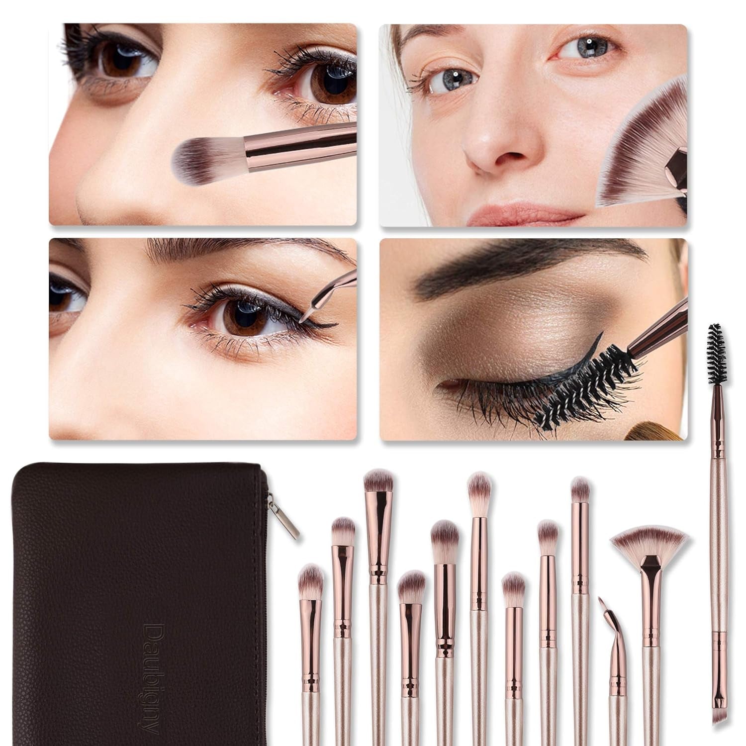 Professional 12-Piece Eye Makeup Brush Set with Carrying Bag - Includes Eyeshadow, Concealer, Eyebrow, Foundation, and Powder Brushes in Champagne Gold