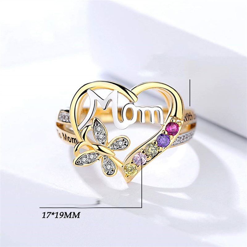 Mother'S Day Gift Hollow Heart English Letter Love Mom Rhinestone Butterfly Finger Ring Jewelry Gift
