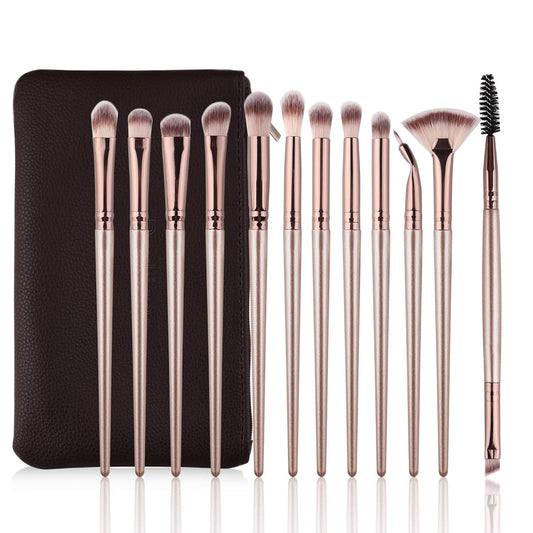 Professional 12-Piece Eye Makeup Brush Set with Carrying Bag - Includes Eyeshadow, Concealer, Eyebrow, Foundation, and Powder Brushes in Champagne Gold