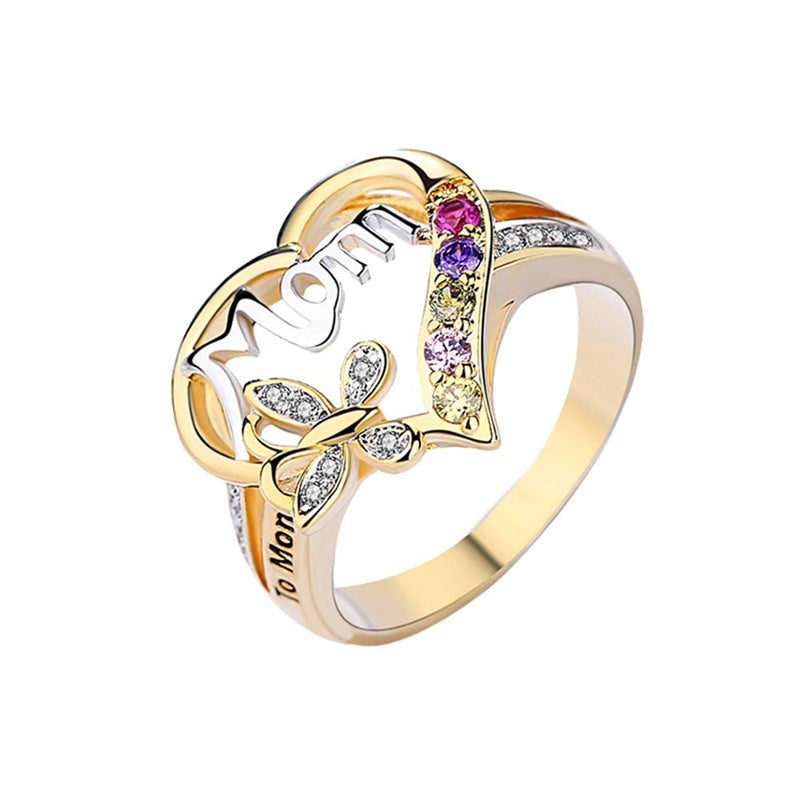 Mother'S Day Gift Hollow Heart English Letter Love Mom Rhinestone Butterfly Finger Ring Jewelry Gift